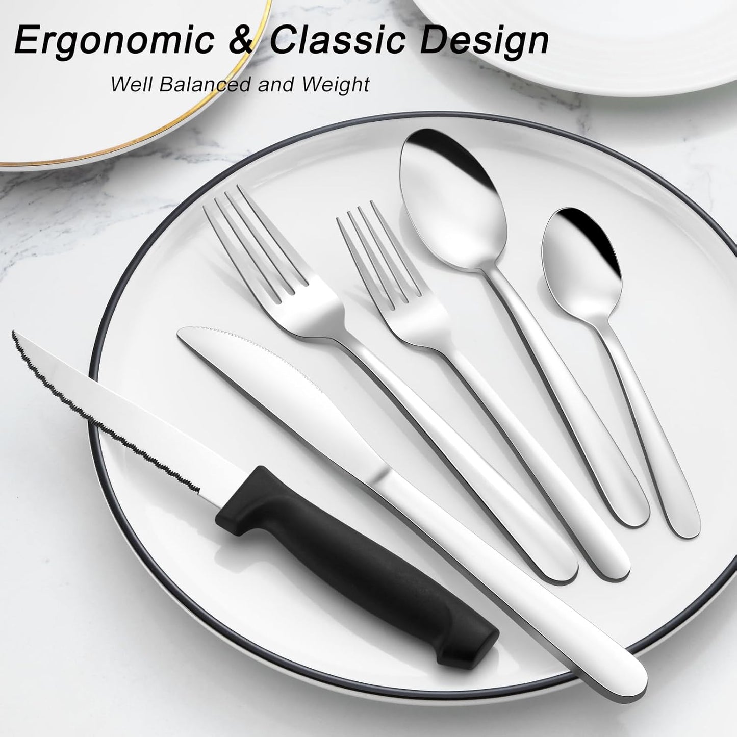 Pleafind 24-Piece Silverware Set - Stainless Steel Flatware with Steak Knives, Forks, Spoons, Knives - Dishwasher Safe for Home or Restaurant