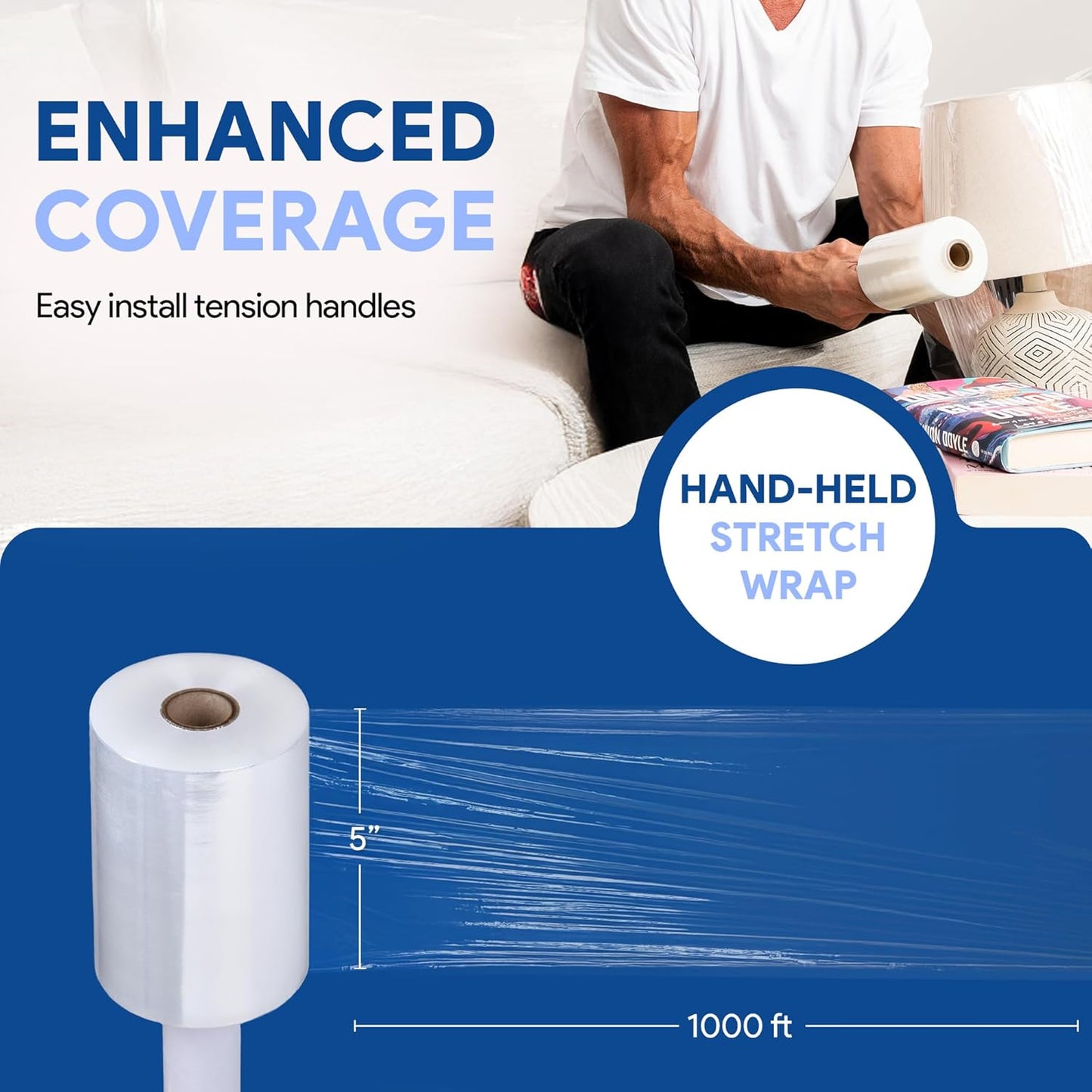 International Plastics Co. 18" Plastic Stretch Film/Wrap 1200ft 500% Stretch Clear Cling Durable Adhering Packing Moving Packaging Heavy Duty Shrink (5" Products, 8 Pack)