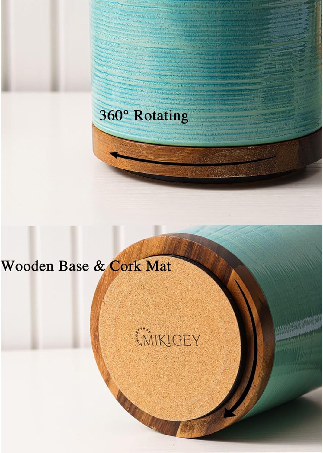 Utensil Holder, 360° Rotating Extra Large Ceramic Kitchen Utensil Holder for Countertop, 7.3“ Cooking Utensil Crocks for Kitchen Counter with Rotatable Wooden Base, Farmhouse Decor, Arctic White