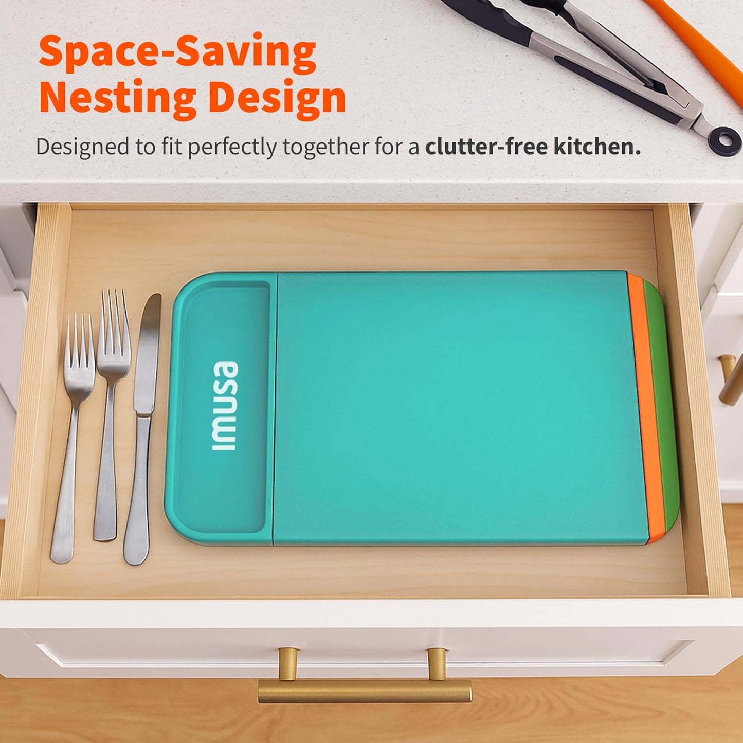 IMUSA Nesting Cutting Board Set with Removable Tray – 4 Piece 14" x 7.5" Plastic Cutting Boards for Kitchen, Color Coded Chopping Board Set, Dishwasher Safe, Easy to Clean, Food Prep Boards