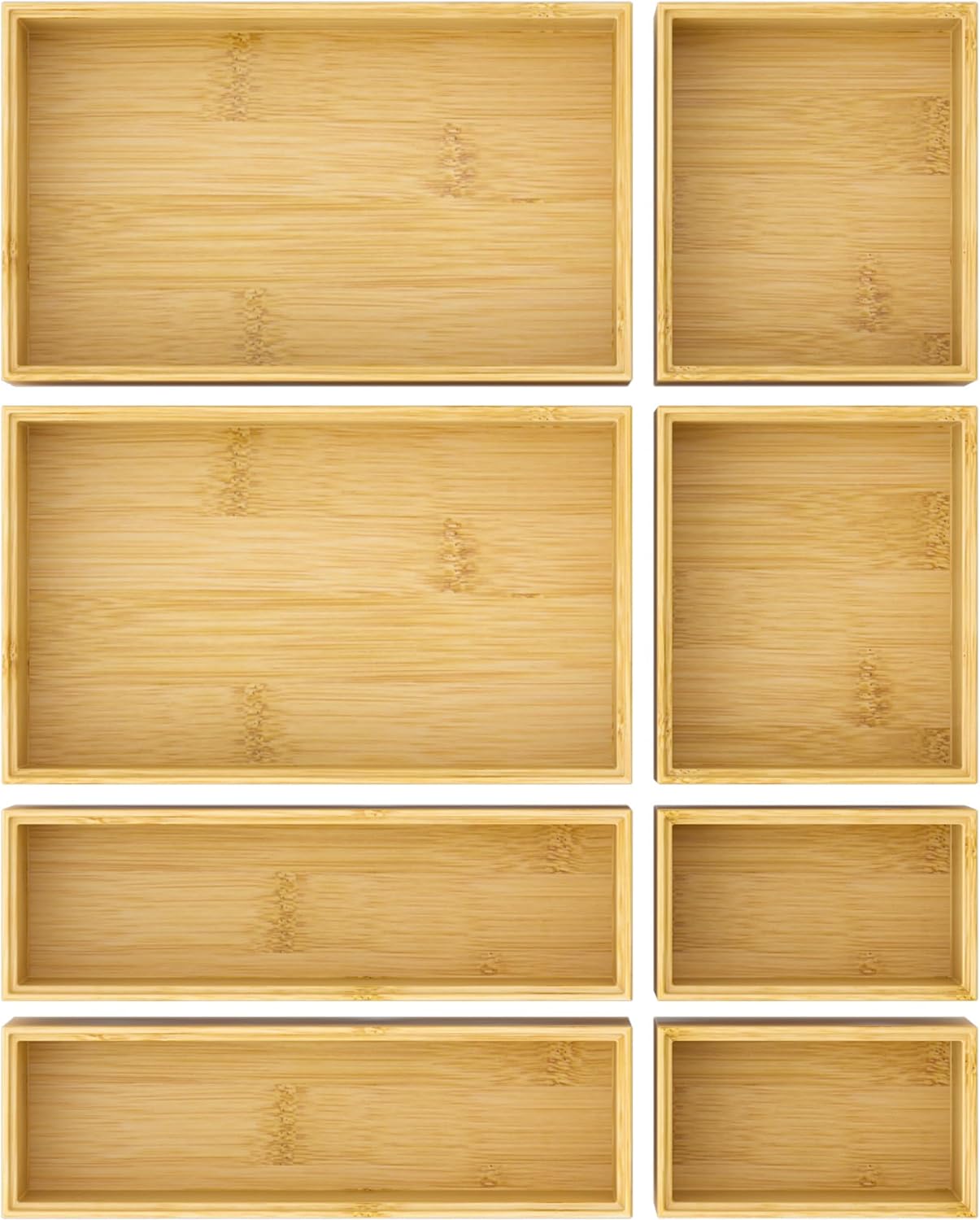 Bathroom Drawer Organizer Trays, Bamboo Silverware Drawer Organizer Kitchen Utensils, 8 PCS Wood Box Stackable Bins for Makeup, Office Desk, Vanity, Junk Drawer