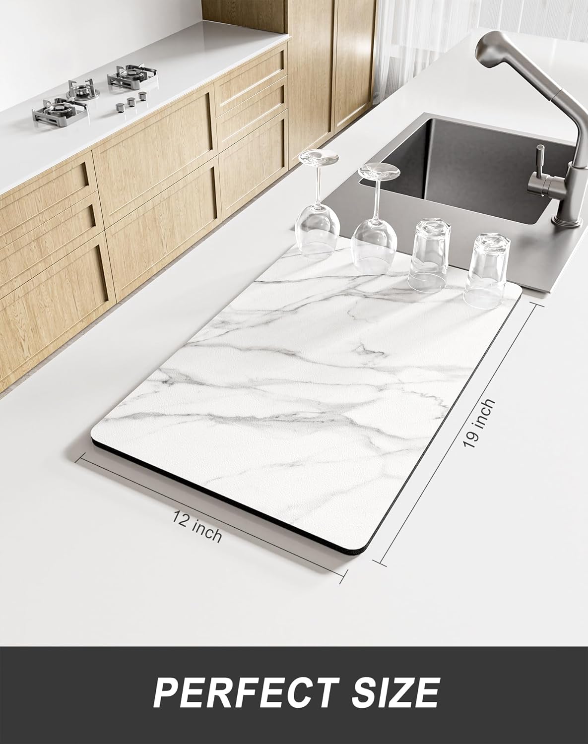 Rnivvi Dish Drying Mat for Kitchen Counter, 12 x 19" Cute Marble Super Absorbent Draining Pad, Non-Slip Heat Resistant Coffee Bar Mats for Coffee Machine Station Accessories, White Dish Rack Pad