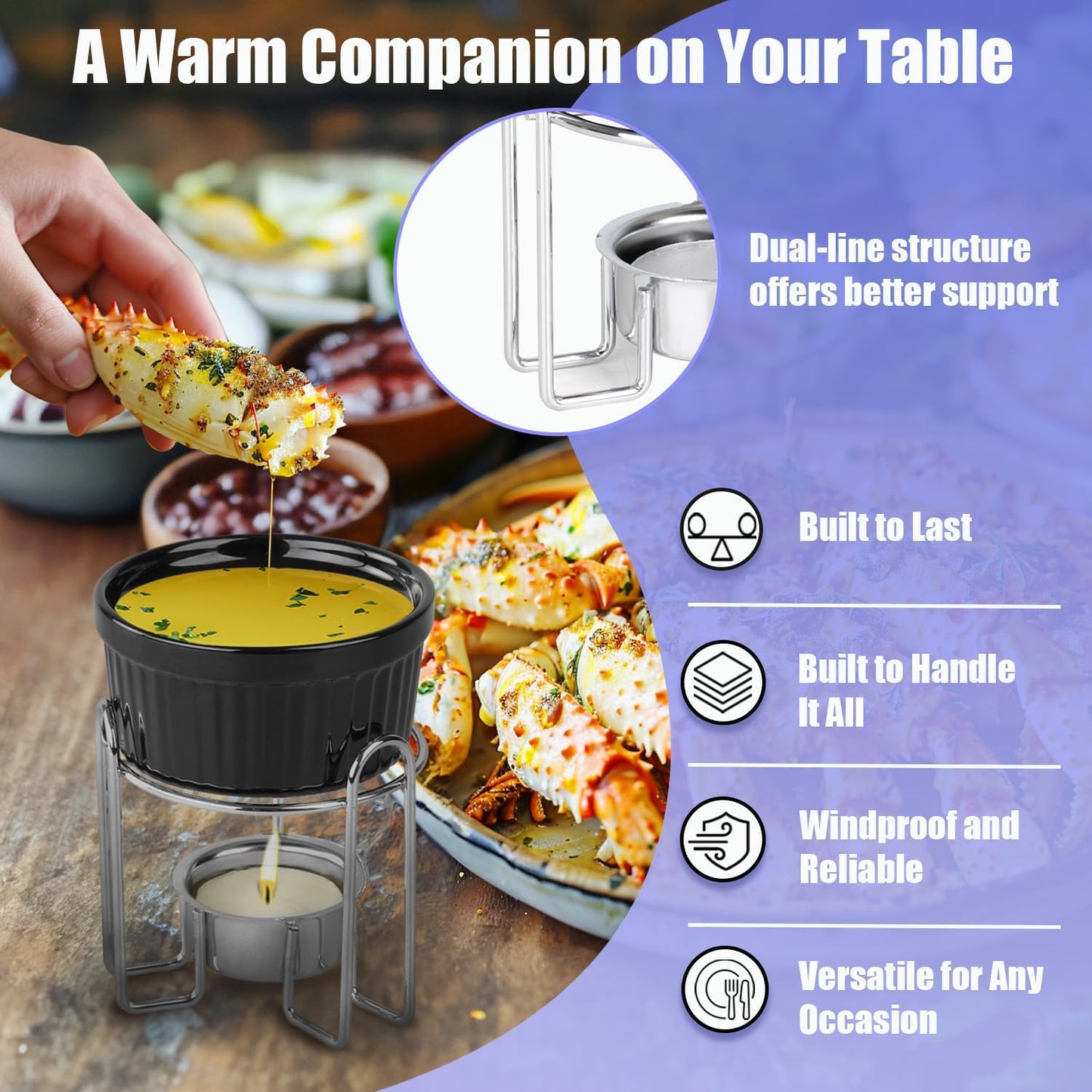 Artestia Butter Warmers Set, 4-Piece Ceramic Butter Warmer with Tea Light Candles, Crab Boil Party Supplies - Dishwasher, Microwave, Oven Safe (Black)