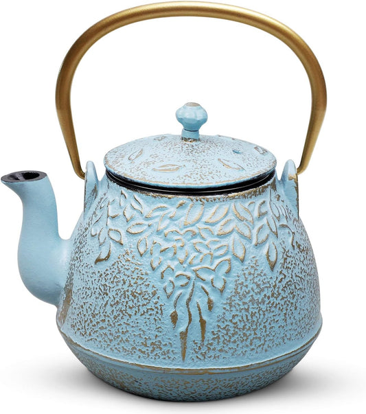TOPTIER Japanese Cast Iron Tea Kettle with Stainless Steel Infuser, Cast Iron Teapot Stovetop Safe, Leaf Design Teapot Coated with Enameled Interior, 32 Ounce (950 ml), Turquoise Blue