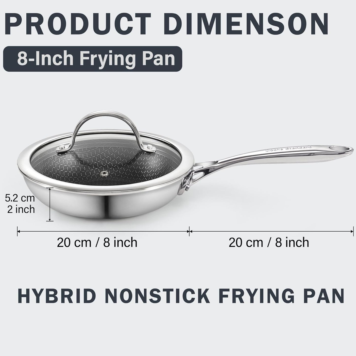 Cooks Standard Hybrid Nonstick Frying Pan, 8-Inch Skillet, Multi-Ply Clad Stainless Steel Fry Pan with Tempered Glass Lids, Oven Safe, Compatible with All Stovetops