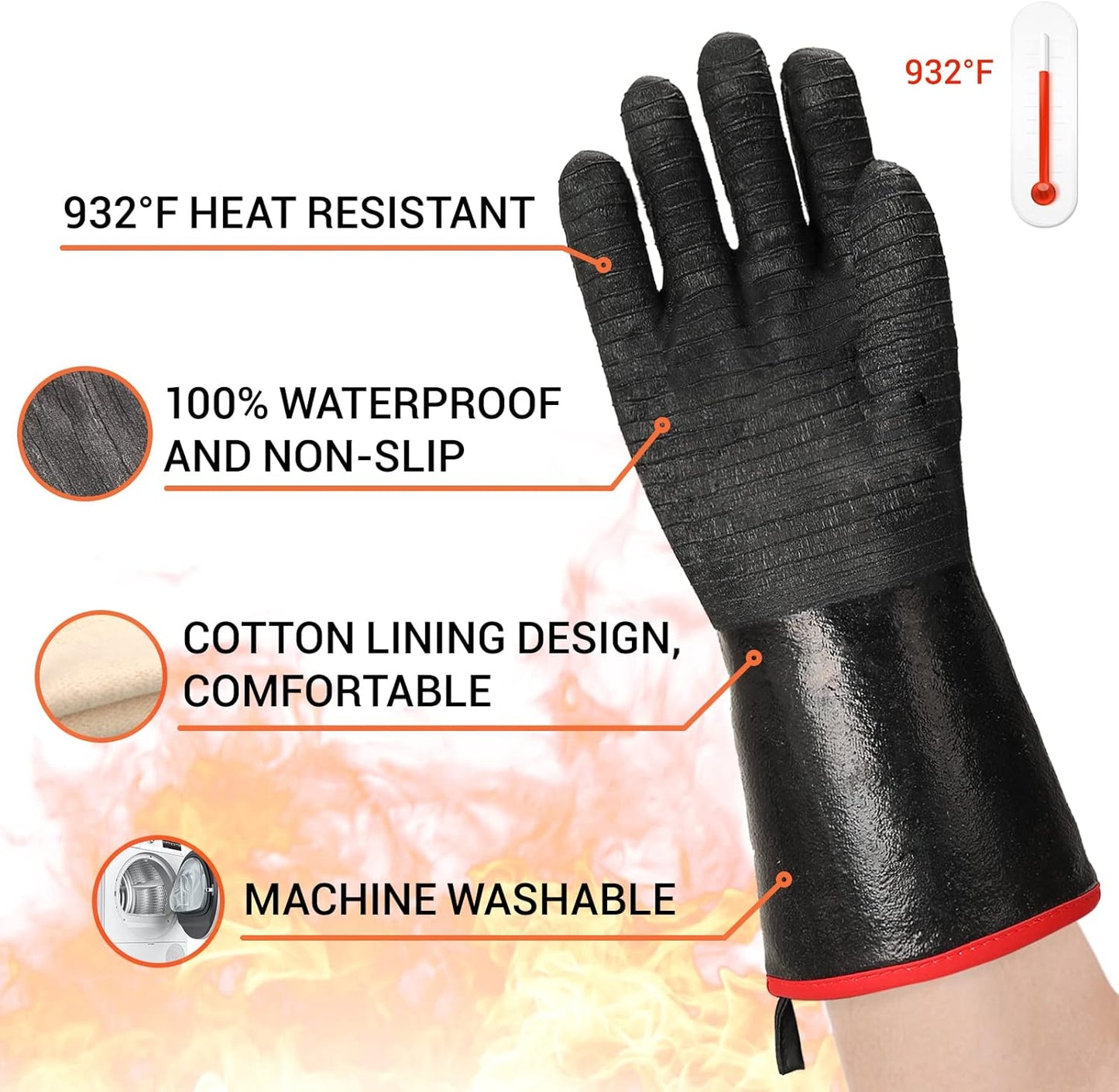932°F Extreme Heat Resistant BBQ Gloves, Waterproof Oven & Fryer Gloves, Oil Resistant Neoprene Grill Gloves for Baking, Smoker, 14 inch