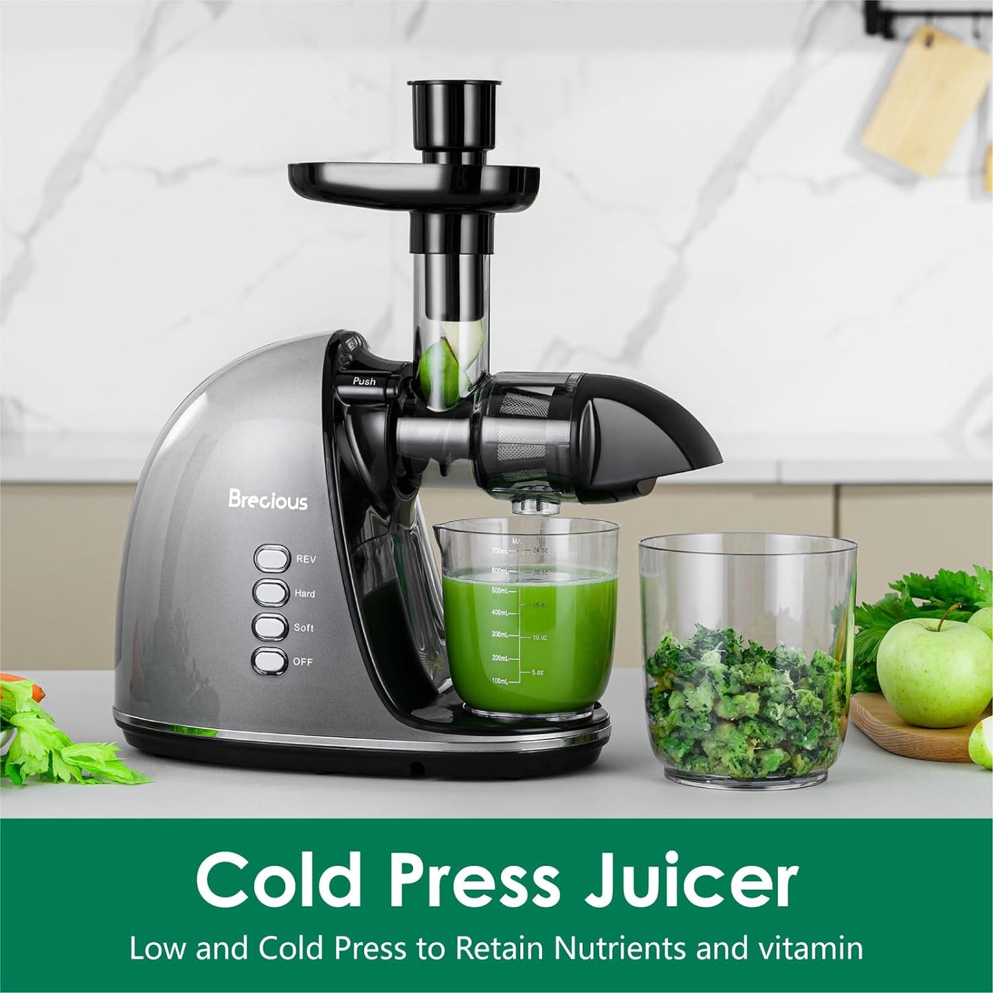 Slow Masticating Juicer,Brecious Cold Press Juicers with 2 Speed Modes & Quiet Motor,Juicers Machines Vegetable and Fruit with Reverse Function,Celery Juicer,BPA-Free,Easy to Clean (Silver)