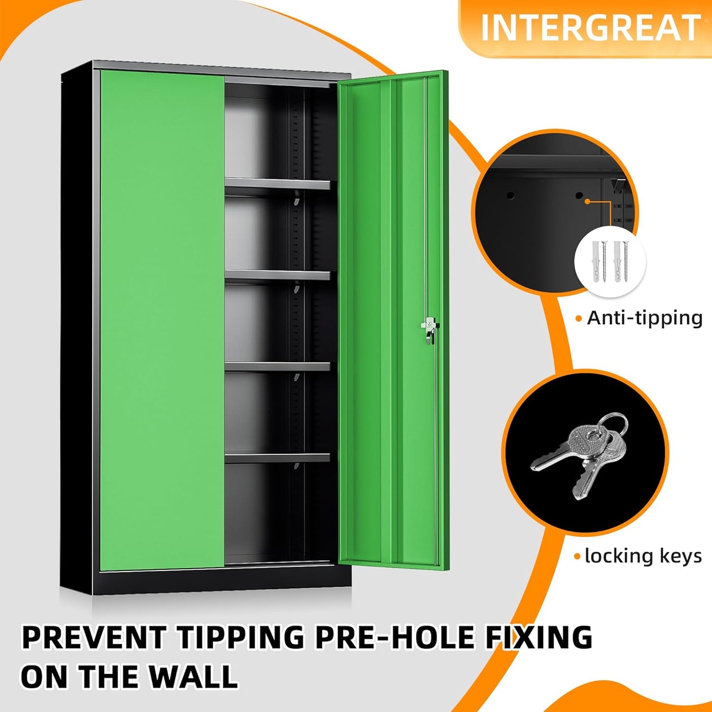 INTERGREAT Storage Cabinet, 72” Steel Locking Closet with Doors and 4 Adjustable Shelves, Tool Unit for Home Office, Garage & Tall Lockable File Cabinet, Black Grey.