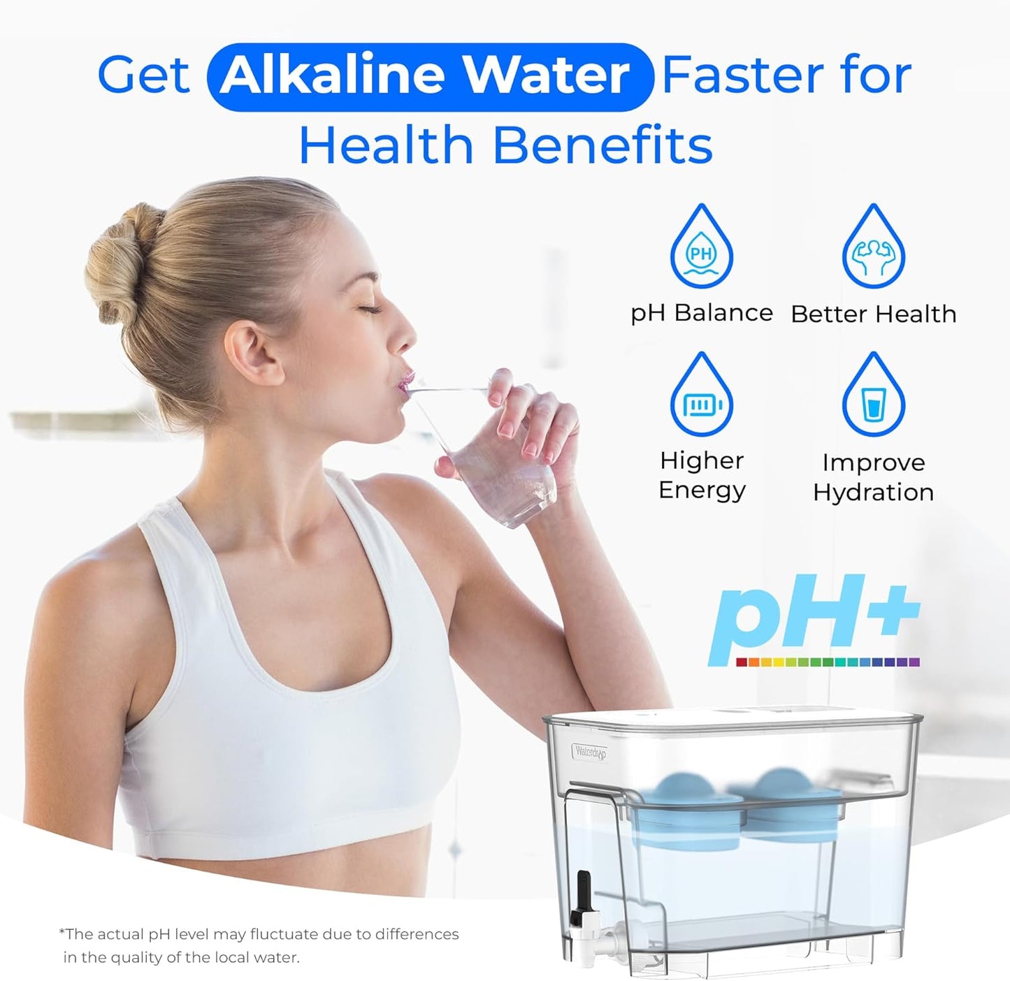 Waterdrop Alkaline 40 Cup Dual Filter Dispenser, 8X Faster Filtration, 200-Gallon Lifespan, Water Filter Dispenser for Home/Office, 2 Replacements, Reduces Chlorine, White