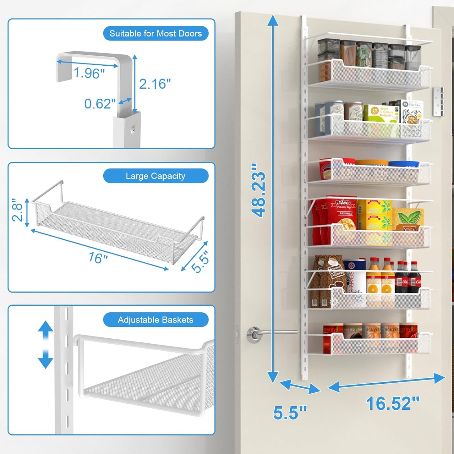 Over the Door Pantry Organizer, 6-Tier Over the Door Organizer with Adjustable Basket, Pantry Door Organization for Pantry Kitchen Storage Room Spice Rack, White