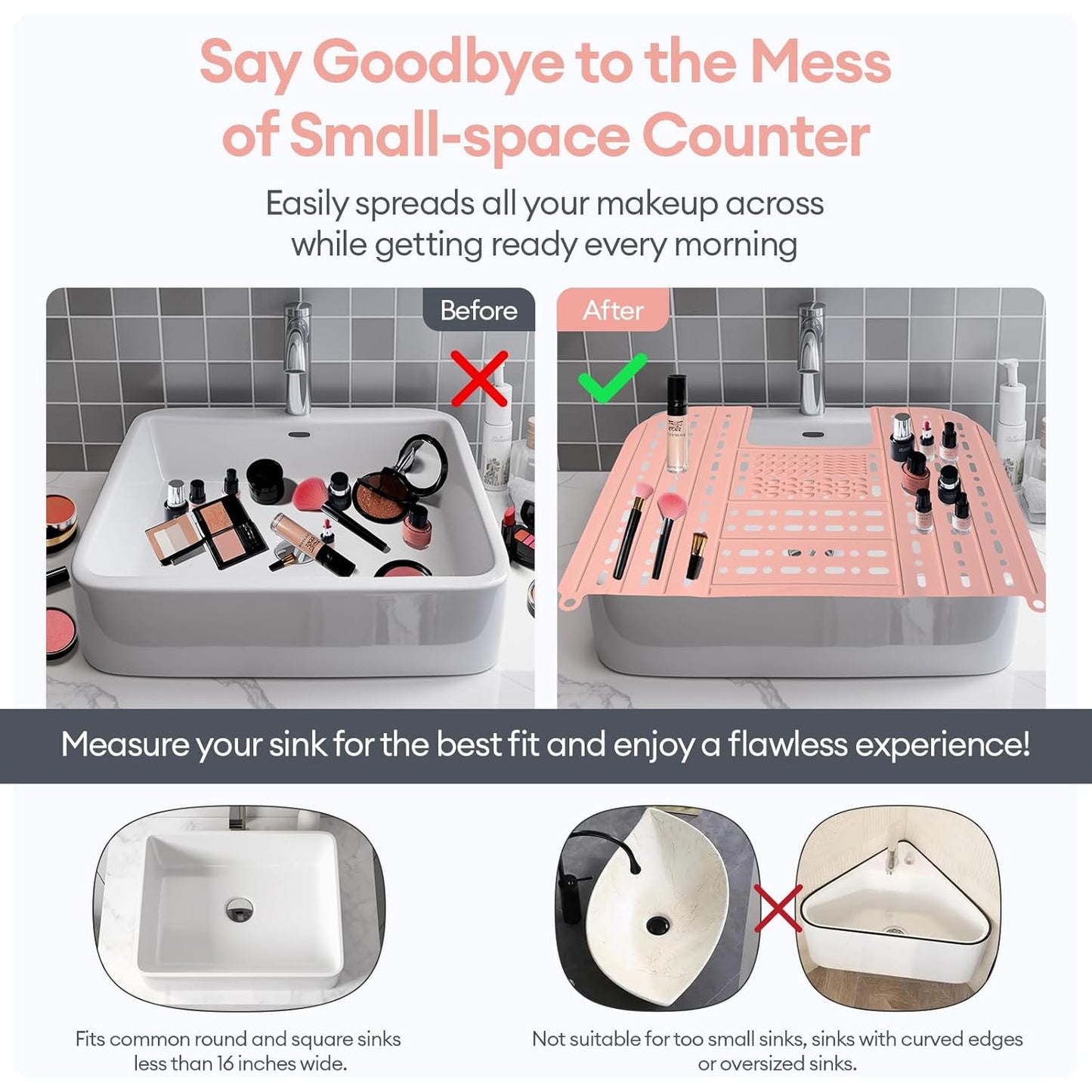 IeBilif Sink Cover for Counter Space, Foldable Bathroom Sink Covers with Hanging Loop, Makeup Organizer Mat Space Saver, Silicone Makeup Brush Cleaner Mat for Bathroom(Pink)