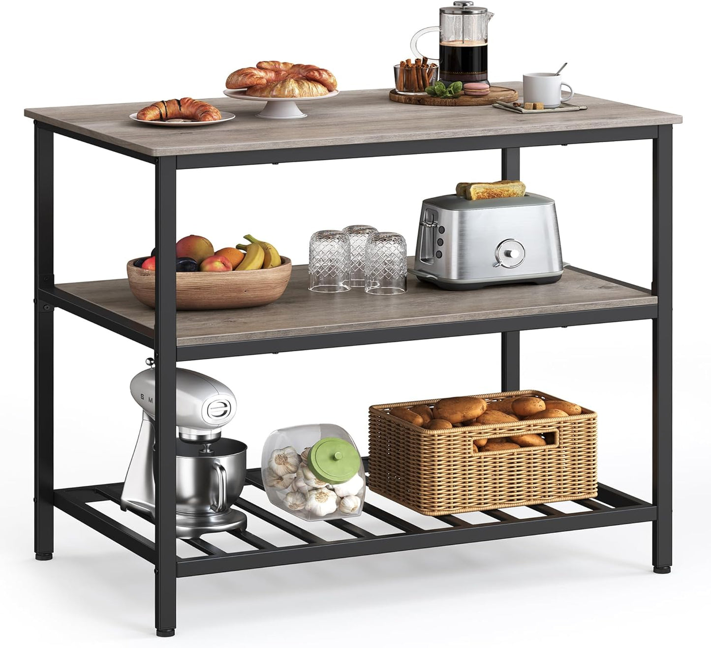 VASAGLE Kitchen Island with 3 Shelves, 39.4 Inches Width Kitchen Shelf with Large Worktop, Stable Steel Structure, Industrial, Easy to Assemble, Greige and Black UKKI005B02