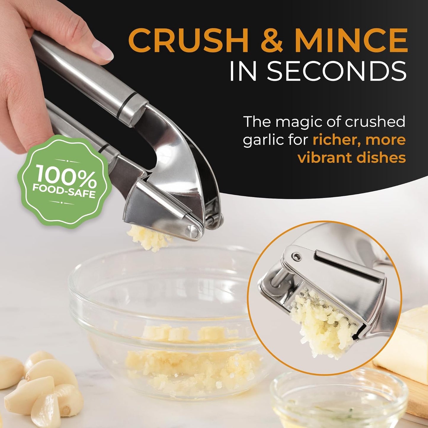 ORBLUE Garlic Press Stainless Steel - Premium Professional Grade Garlic Mincer, Crusher & Peeler Set - Easy Clean, Dishwasher Safe & Rust-proof