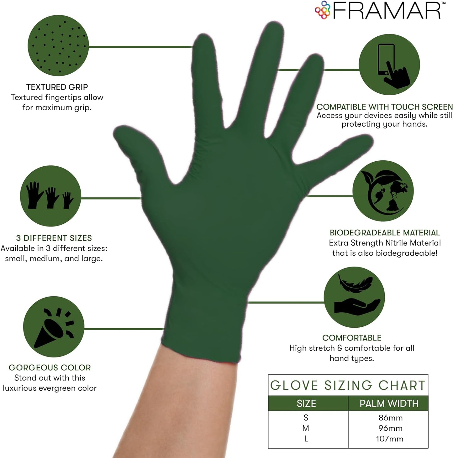 FRAMAR Biodegradable Green Gloves Latex Free Large – Disposable Nitrile Gloves Large, Cleaning Rubber Glove Disposable, Non Latex Hair Dye Glove 100 Pk