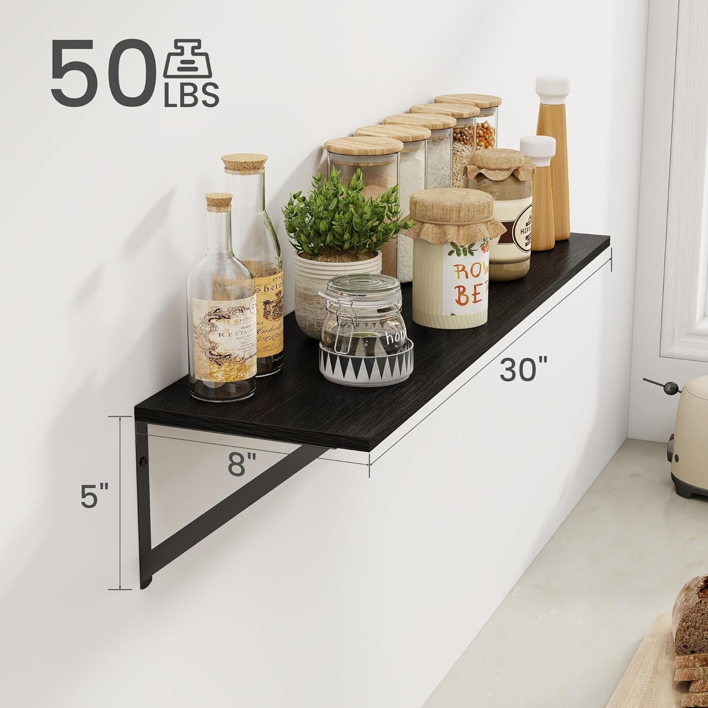 Heimlove Black Deep Floating Shelves for Wall, 30W x 8D Wood Wall Shelves Set of 2, Wide Floating Bookshelf for Living Room, Kitchen, Office, Bedroom and Decor Storage, with Metal Bracket - Black