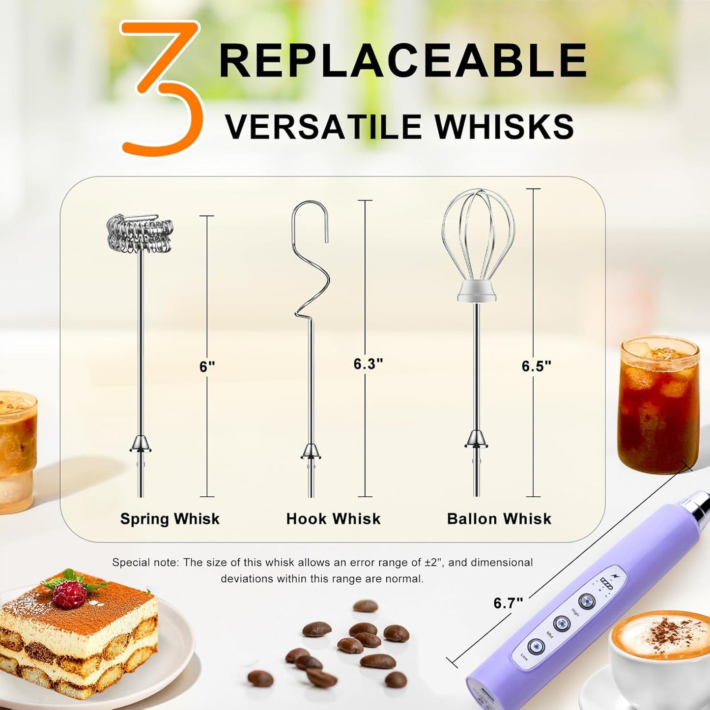 YUSWKO Light Purple Handheld Milk Frother Wand for Coffee, Rechargeable Electric Whisk with 3 Heads 3 Speeds Drink Mixer Coffee Frother For Latte, Cappuccino, Hot Chocolate, Egg