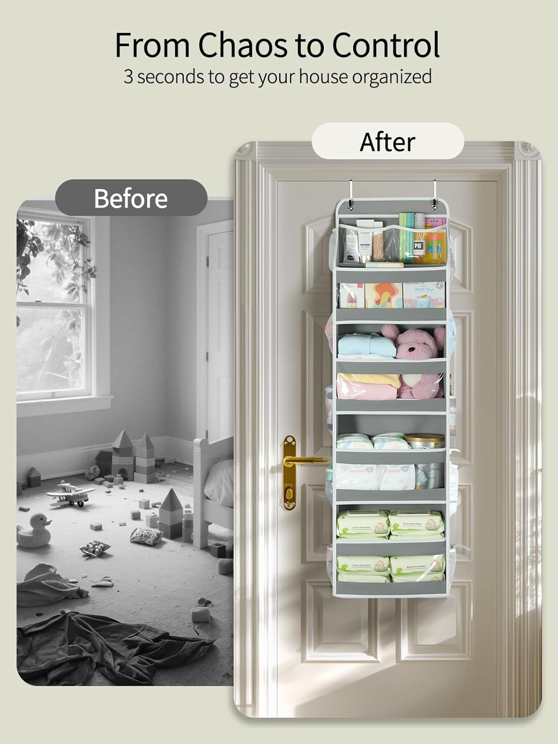 Yecaye 5 Tier 1Pc Over the Door Organizer, Swing-proof Door Organizer Hanging with Clear PVC Windows, Behind the Door Storage for Bedroom Nursery Closet Laundry Pantry Bathroom, Grey