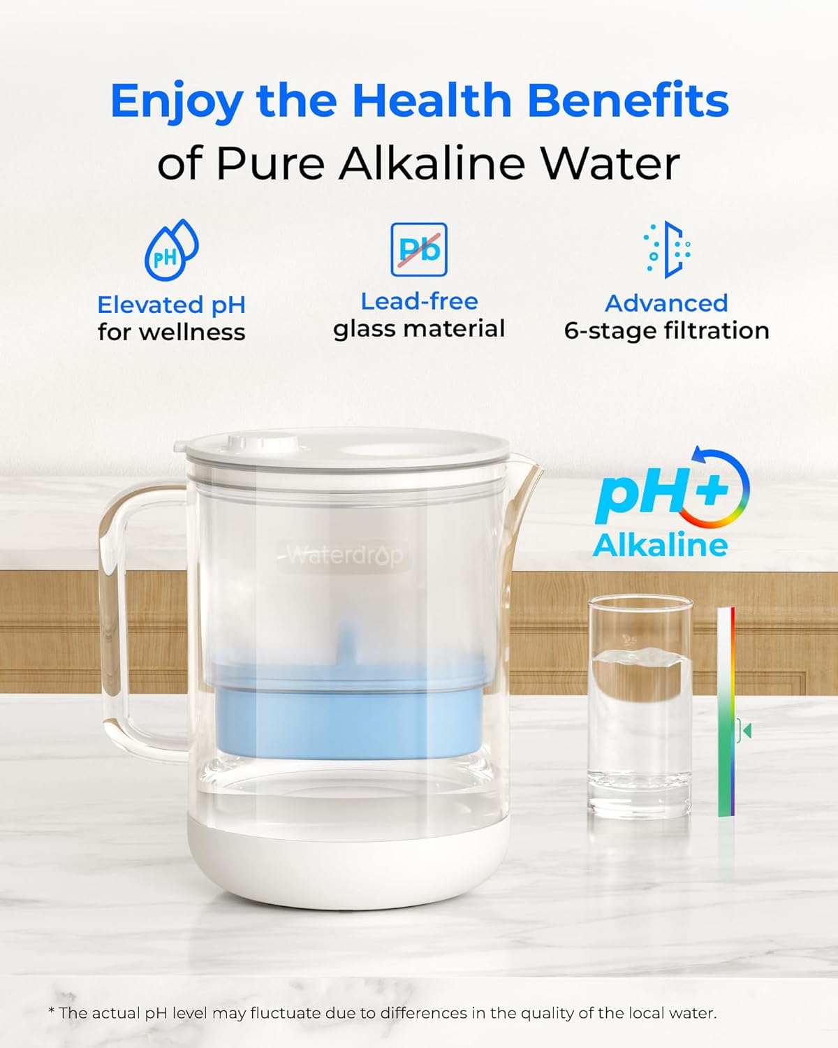 Waterdrop Glass Alkaline Water Filter Pitcher with 1 Filter, Enhances Alkaline Water, Eco-Friendly, 7-Cup, for Home & Office, Reduces PFOA/PFOS, Chlorine, Cadmium, Copper, Mercury, Clear, WD-PT-72C-A