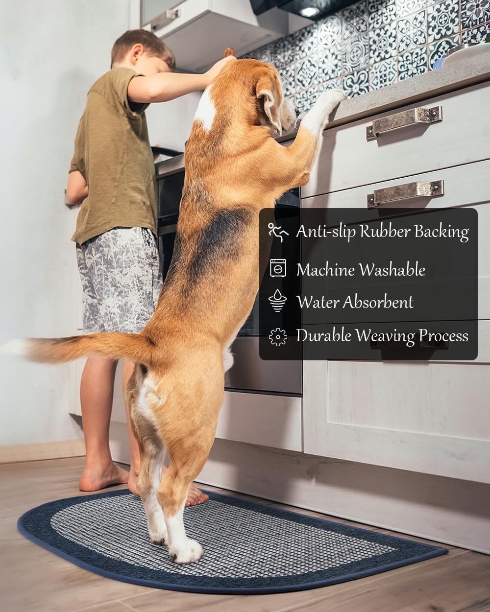 PADOOR Kitchen Mats for Floor, Kitchen Rugs Non Slip Washable, Half Circle Kitchen Floor Mat Sink Rug Rubber Backed Super Absorbent, 20”x32” Blue