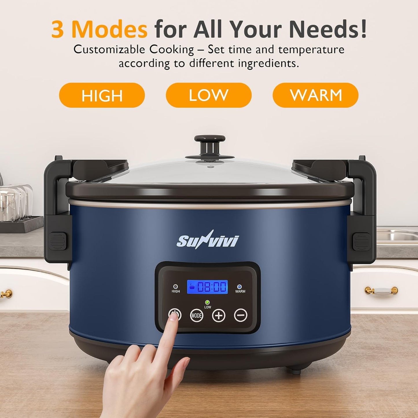 Sunvivi 8.5 Quart Programmable Slow Cooker: Multi-Cooker Food Warmer with Locking Lid & Digital Timer, Adjustable Tempature Control, Dishwasher Safe, Perfect for Families and Gatherings, Blue