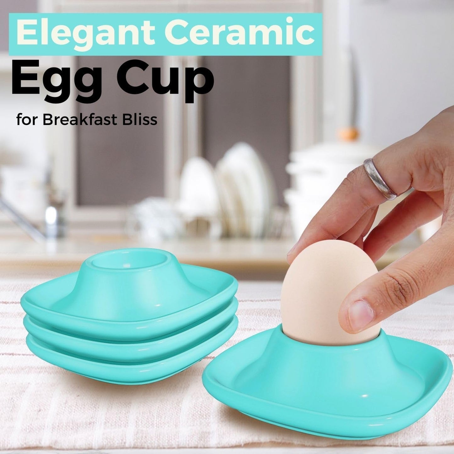 Flexzion Egg Cups for Soft Boiled Eggs - Set of 6 Ceramic Egg Holder - Stackable Egg Coddler Cups with Base for Serving, Breakfast, Brunch - Kitchen Table Decor, Blue