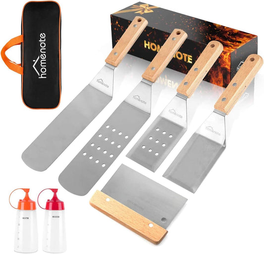 HOMENOTE Griddle Accessories Kit, 7Pc Professional BBQ Kit in Gift Box - Heavy Duty Wooden Handle Stainless Steel Griddle Tool Set Great for Grill Flat Top Cooking Camping, Wood Color
