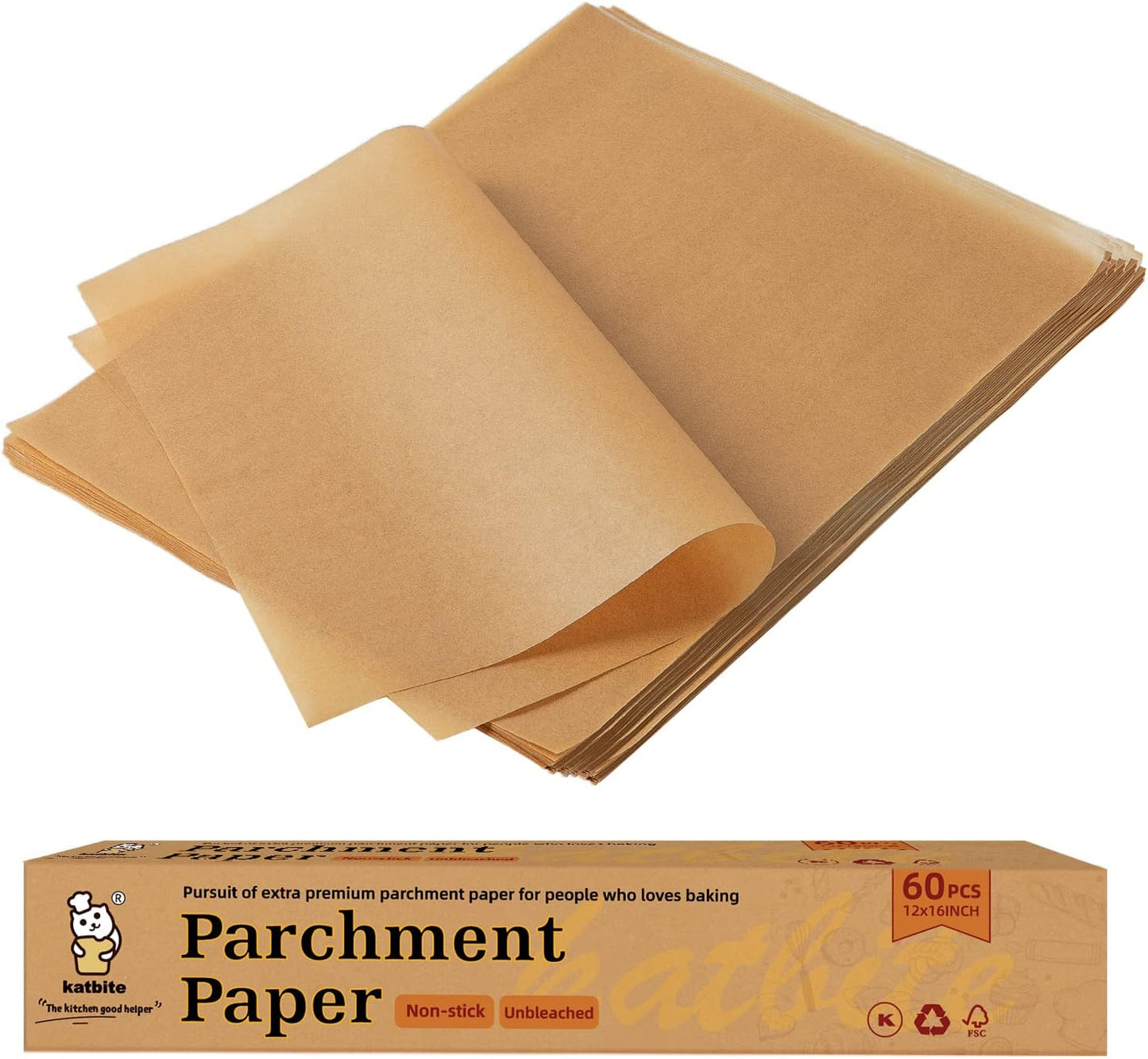 Katbite 12x16 Inch Parchment Paper Sheets, Pre cut Unbleached Baking Paper, Heavy Duty & Non-stick for Half Sheet Baking, Cooking, Grilling Wrapping Foods