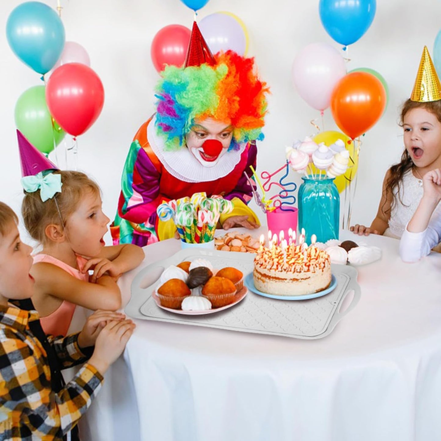 LEHAHA 17.25" x 12" Serving Trays Set of 2 White, Dinner Tray, Light Weight Easy to Clean Sturdy Stackable Melamine Serving Platter with Handle, Fruit, Snacks, and Desserts Trays.Mats Included