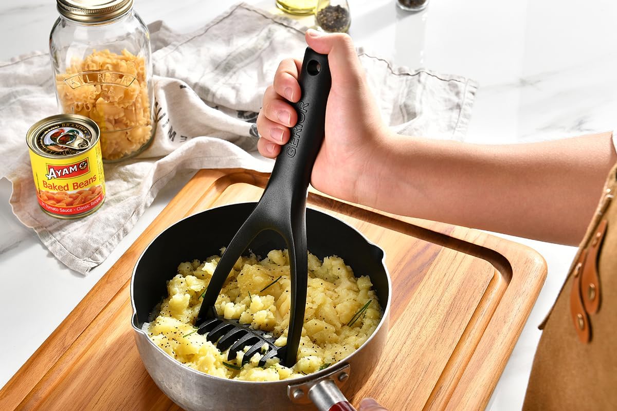 Plastic Potato Masher - Non-Scratch, Dishwasher Safe Silicone Tool for Mashed Potatoes, Avocado - Meat Chopper, Heat Resistant Masher for Hamburger, Ground Beef Smasher Tool
