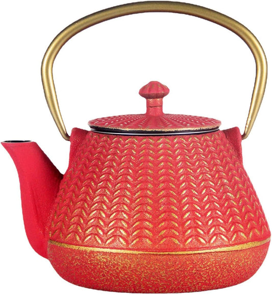 Small Cast Iron Tea Kettle for Stovetop Safe, Red Tea Pot Coated with Enameled Interior, Durable Teapot with Stainless Steel Infuser for Loose Leaf (1000ml/34oz)