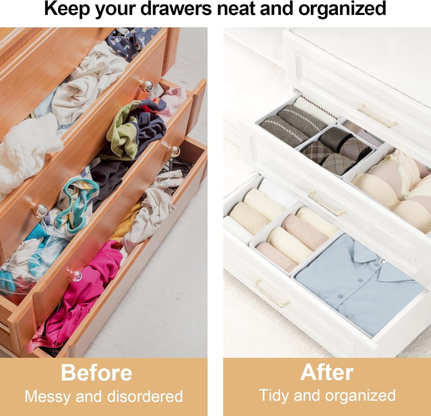 16 Pcs Drawer Organizer,Fabric Closet Organizer and Storage Baskets,Foldable Drawer Divider for Clothing,Sock,Ties,Underwear Drawer Organizers,Cabinet Storage Boxes (White)