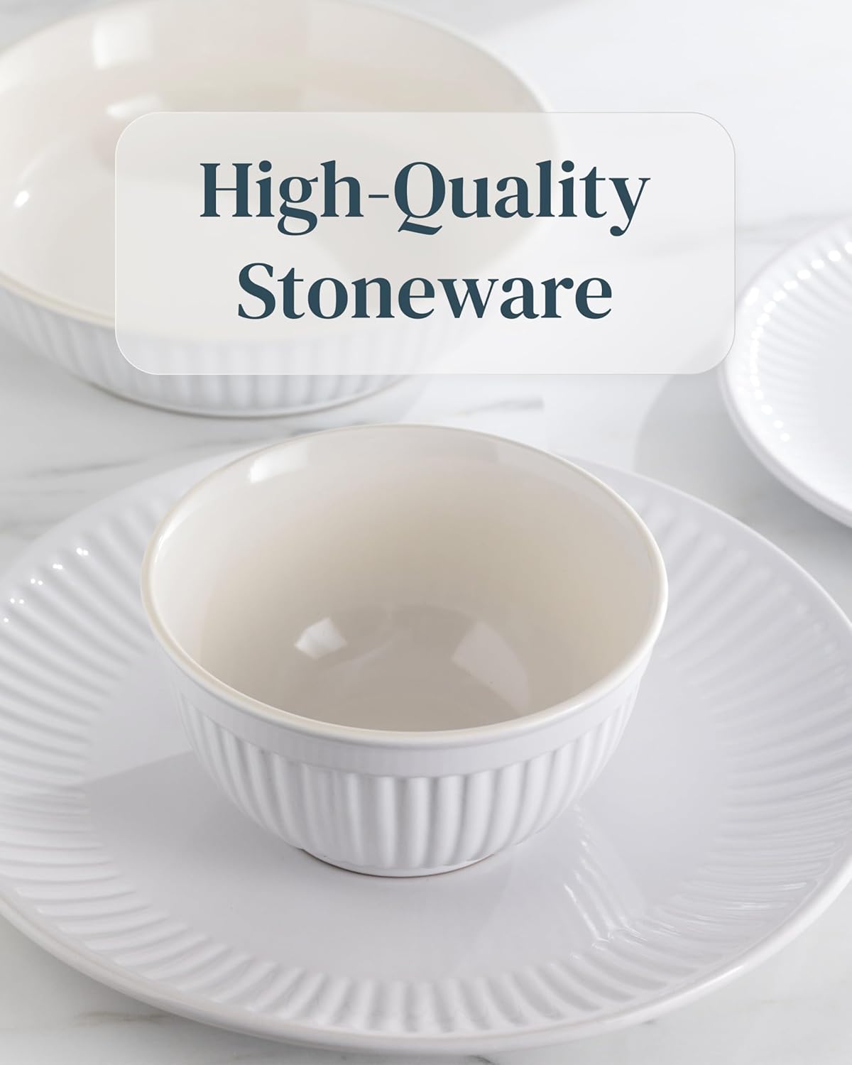 Stoneware Dinnerware Set for 8 People HYGGE 24-Piece - Elegant Scandi Design - Premium Dish Set - Bowl and Plate Set - Tableware for 8 People in a Ribbed Design - Pure Living in White