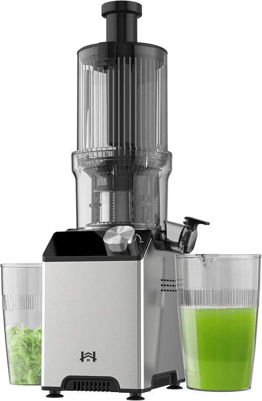 Cold Press Juicer, Juicer Machines with 4.35'' Wide Feed Chute, Stainless Steel Masticating Juicers Easy to Clean, Ergonomic Operational Panel Design, High Juice Yield, Platinum Color Knob