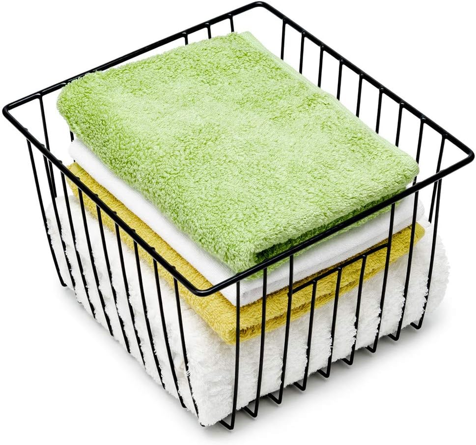 SANNO Black Closet Baskets Freezer Baskets Pantry Storage Wire Basket,Wire Basket Farmhouse Storage Organizer, Metal Household Storage Organizer Bin for Pantry Shelf Kitchen Cabinet Bathroom Black