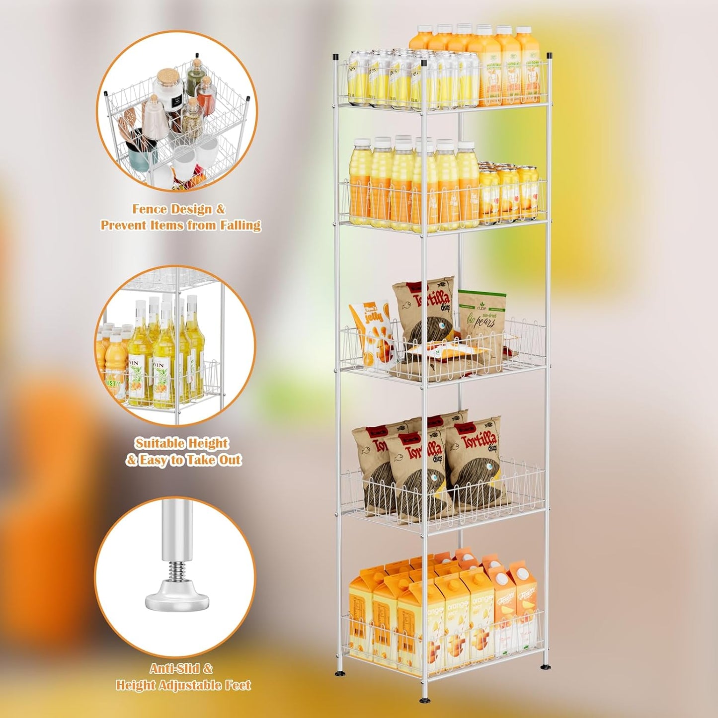 Water Bottle Storage Organizer 5 Tier Metal Water Bottle Holder Shelf Drink Beverage Soda Can Organizer Rack Bottled Water Stand for Floor Classroom Kitchen Food Storage, Silver