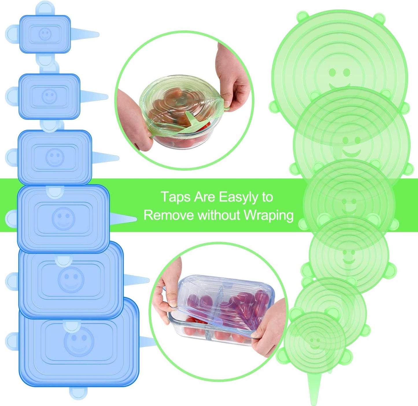 Silicone Stretch Lids, 12 Pack Silicone Lids, 6 Sizes BPA-free Silicone Bowl Covers Reusable for Cups, Bowls and Dish, Flexible, Round and Rectangle Fit 2.8” - 8.2” Container, Green & Blue