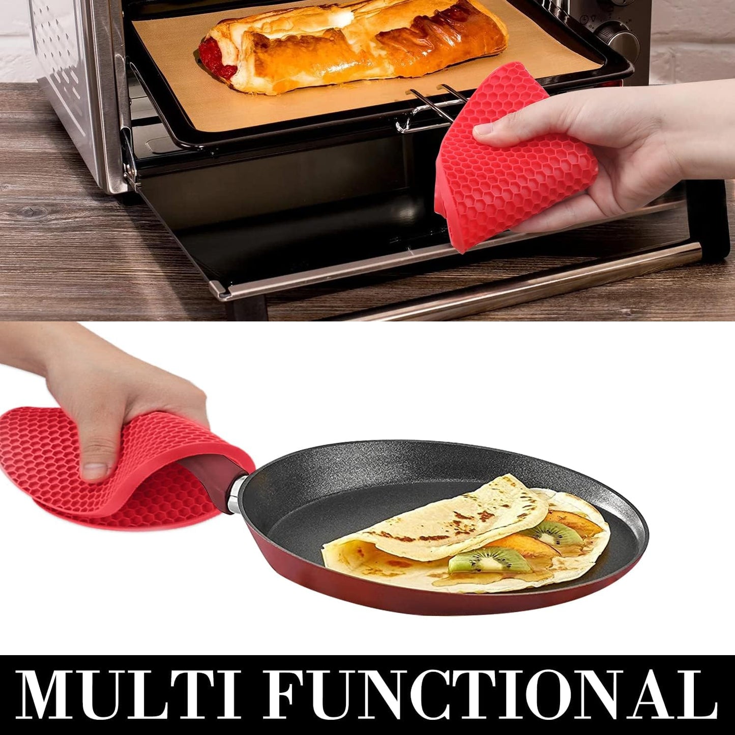 Silicone Trivets for Hot Pots and Pans - 4PCS Heat Resistant Oversized Silicone Pot Holders Hot Pads for Kitchen, Multipurpose Round Trivet Mat, Spoon Holder & Jar Opener, Drying Mat（Red）