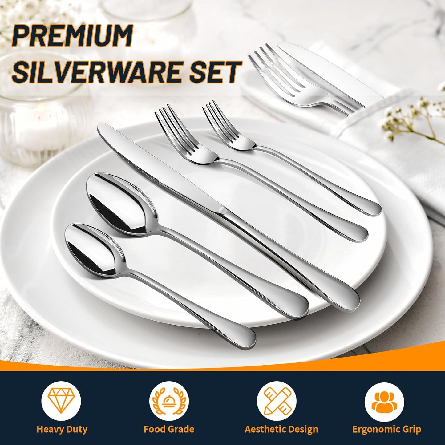 Silverware Set, 40 Piece Stainless Steel Cutlery Sets for 8, Heavy Duty Flatware, Mirror Polished Forks Spoons and Knives Set, Reusable Utensils for Home Kitchen, Dishwasher Safe