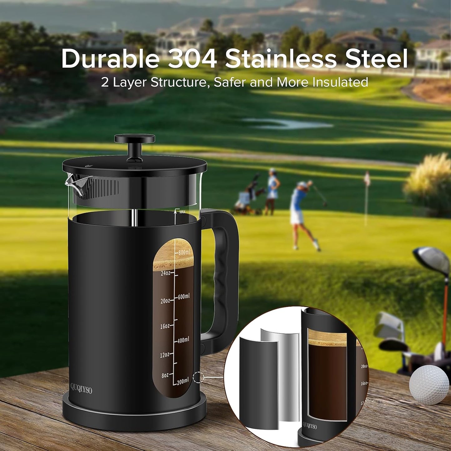 QUQIYSO French Press Coffee Maker, 304 Stainless Steel French Press with 4 Filter, Heat Resistant Borosilicate Glass, Easy to Clean, BPA Free Coffee Press Rust-Free Coffee Maker, 34 ounce, Black