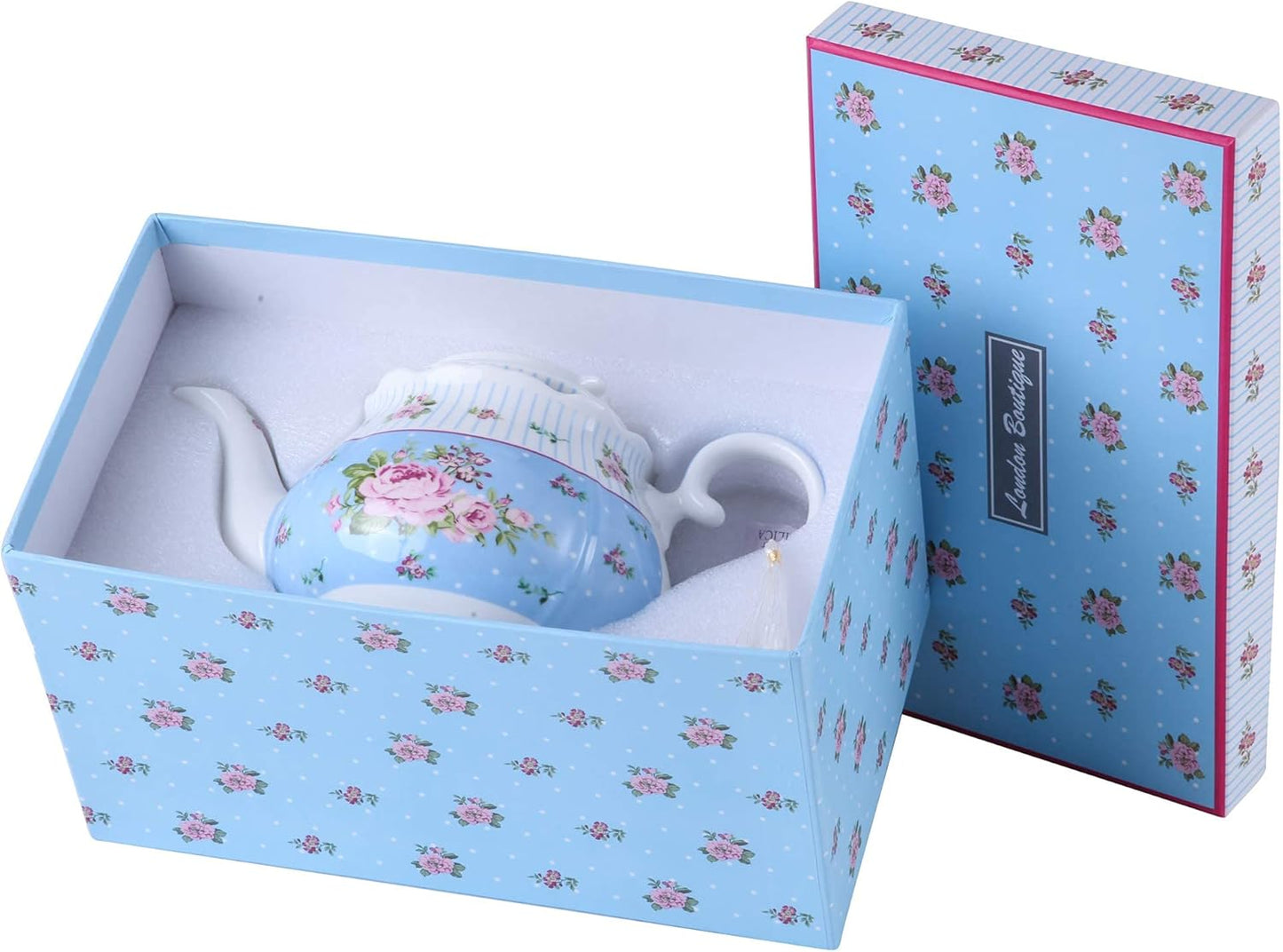London Boutique Porcelain Teapot Sugar Bowl and Cream Milk Jug Shabby Chic Vintage Floral in Gift box 40oz (Teapot Rose Blue)