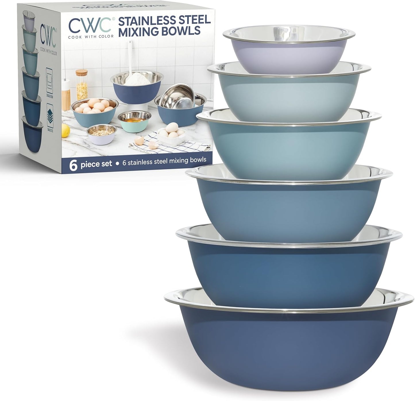 COOK WITH COLOR Stainless Steel Mixing Bowls Set - Nesting Bowls, 6 Pieces, Blue