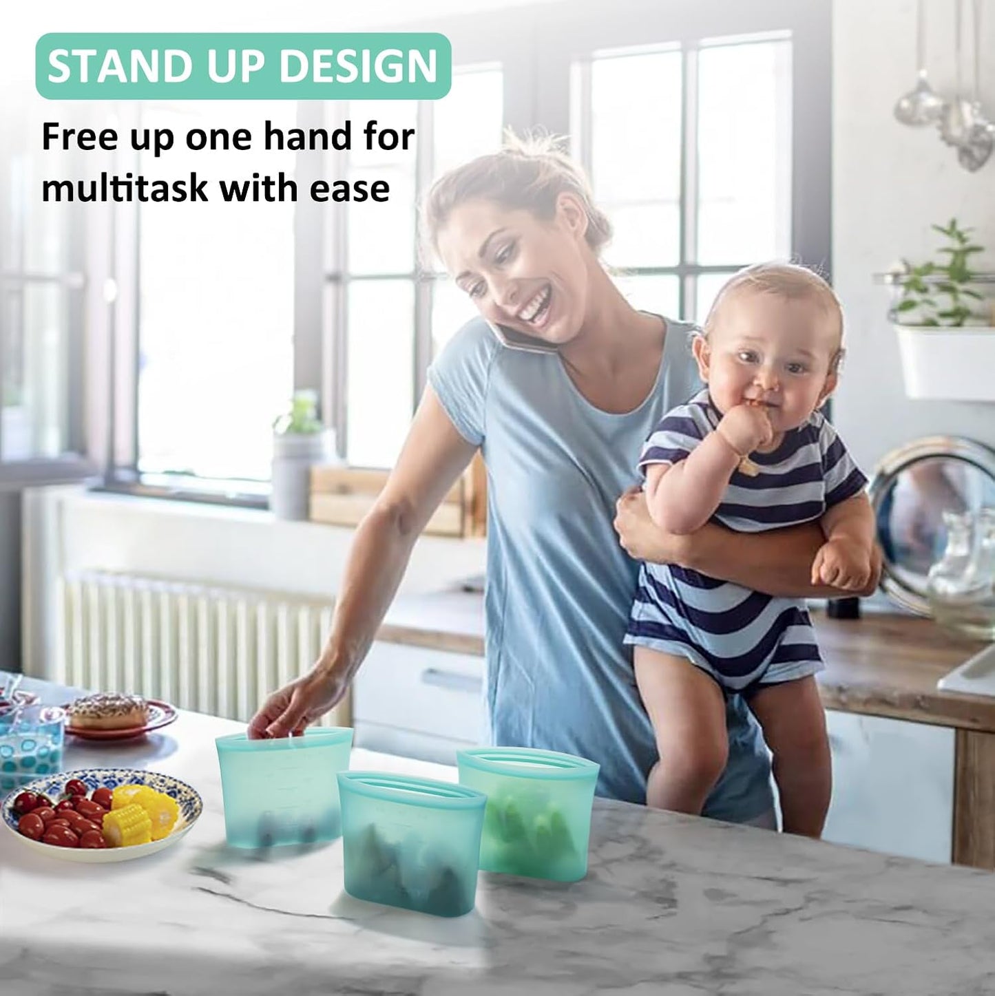 Reusable Snack Bags, 1 Pack, Stand Up 100% Silicone Reusable Storage Bag, Ziplock Silicone Food Storage Containers Snack Size, Freezer Microwave Oven Dishwasher Safe, Aqua, 16oz