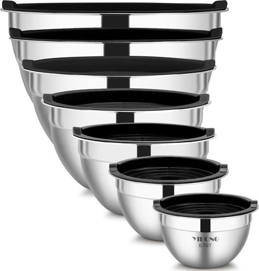 YIHONG 7 Piece Metal Mixing Bowls with Lids for Kitchen, Stainless Steel Set Ideal for Baking, Prepping, Cooking and Serving Food, Nesting Design for Space Saving Storage(Black)