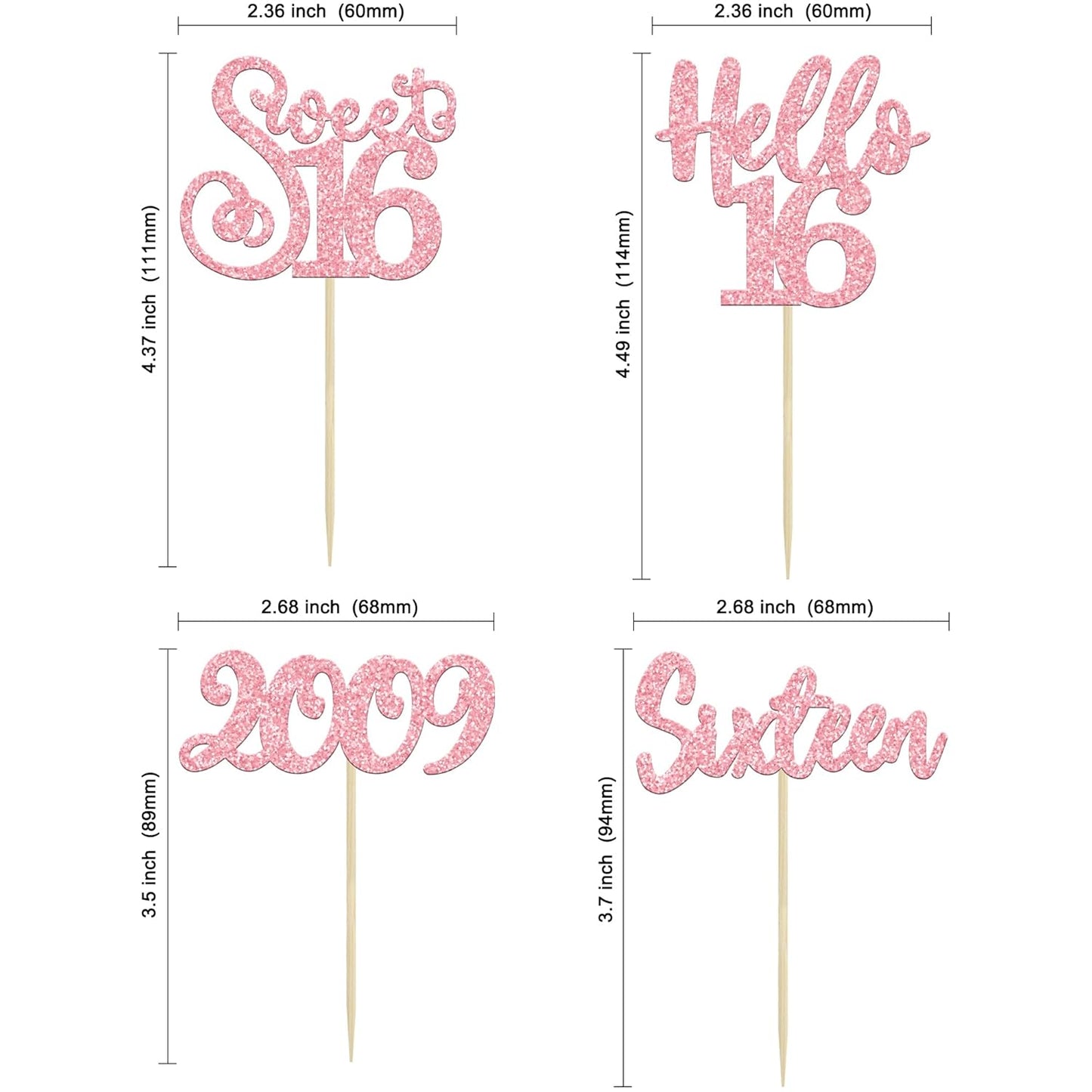 Gyufise 24Pcs Happy 16th Birthday Cupcake Toppers Glitter Hello 16 Sweet 16 Sixteen Years Old Cupcake Picks for Celebrating 16th Birthday Anniversary Party Cake Decorations Supplies Pink