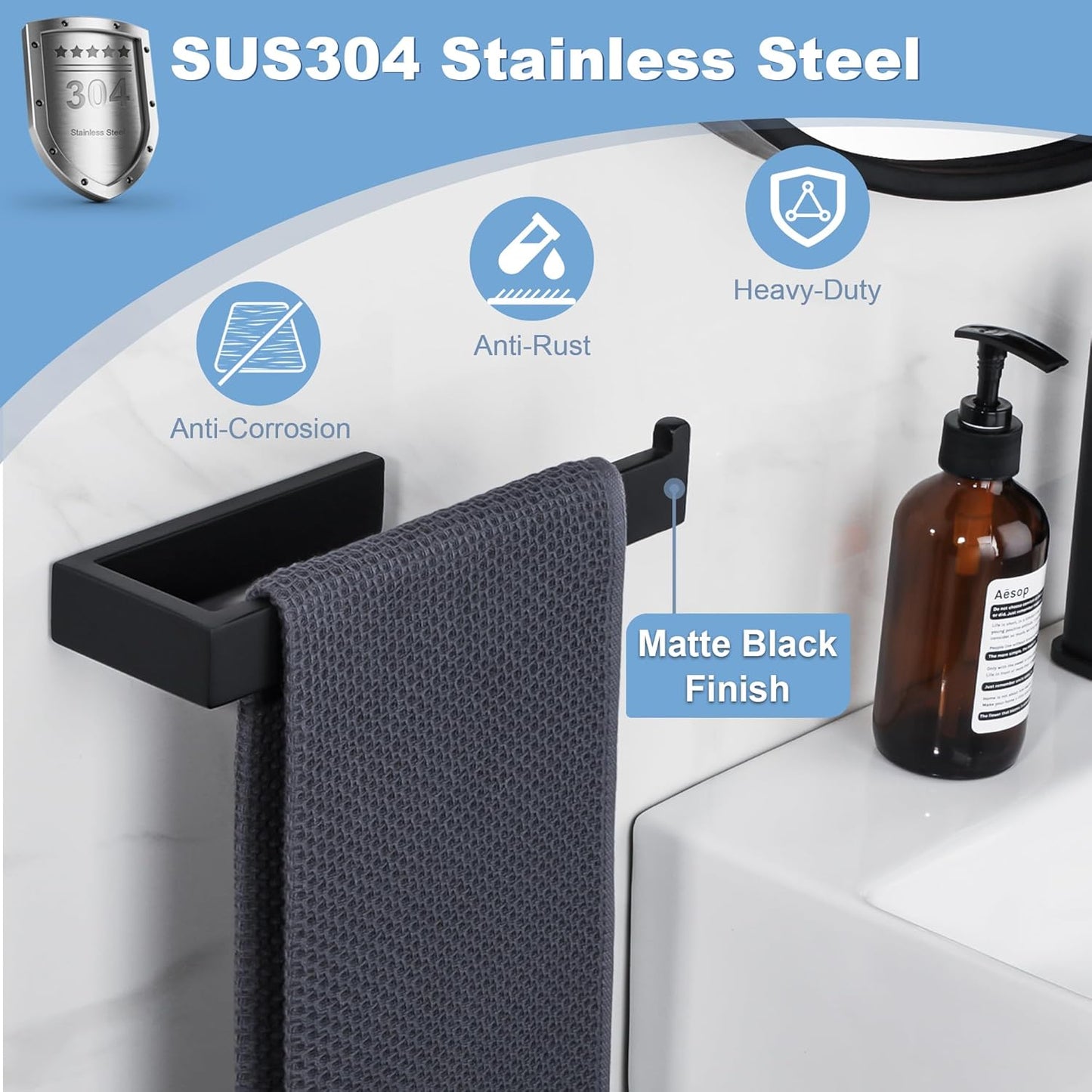 Sayayo Matte Black Towel Ring for Bathroom, 10 Inch Hand Towel Bar Towel Rack Towel Holder Wall Mounted Square, SUS304 Stainless Steel