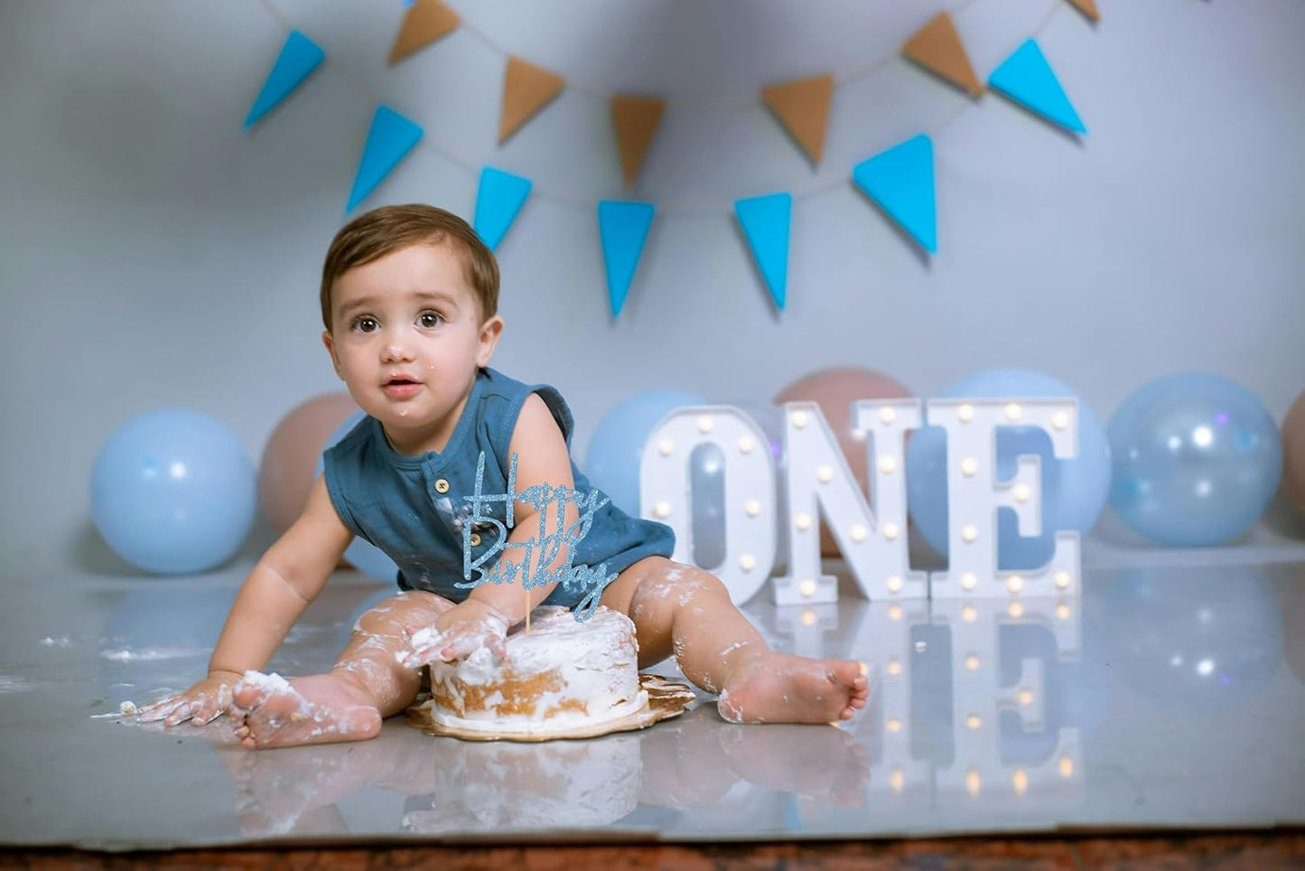 Happy Birthday Cake Topper - Glitter Sky Blue Birthday Cake Top Decorations (Sky Blue)