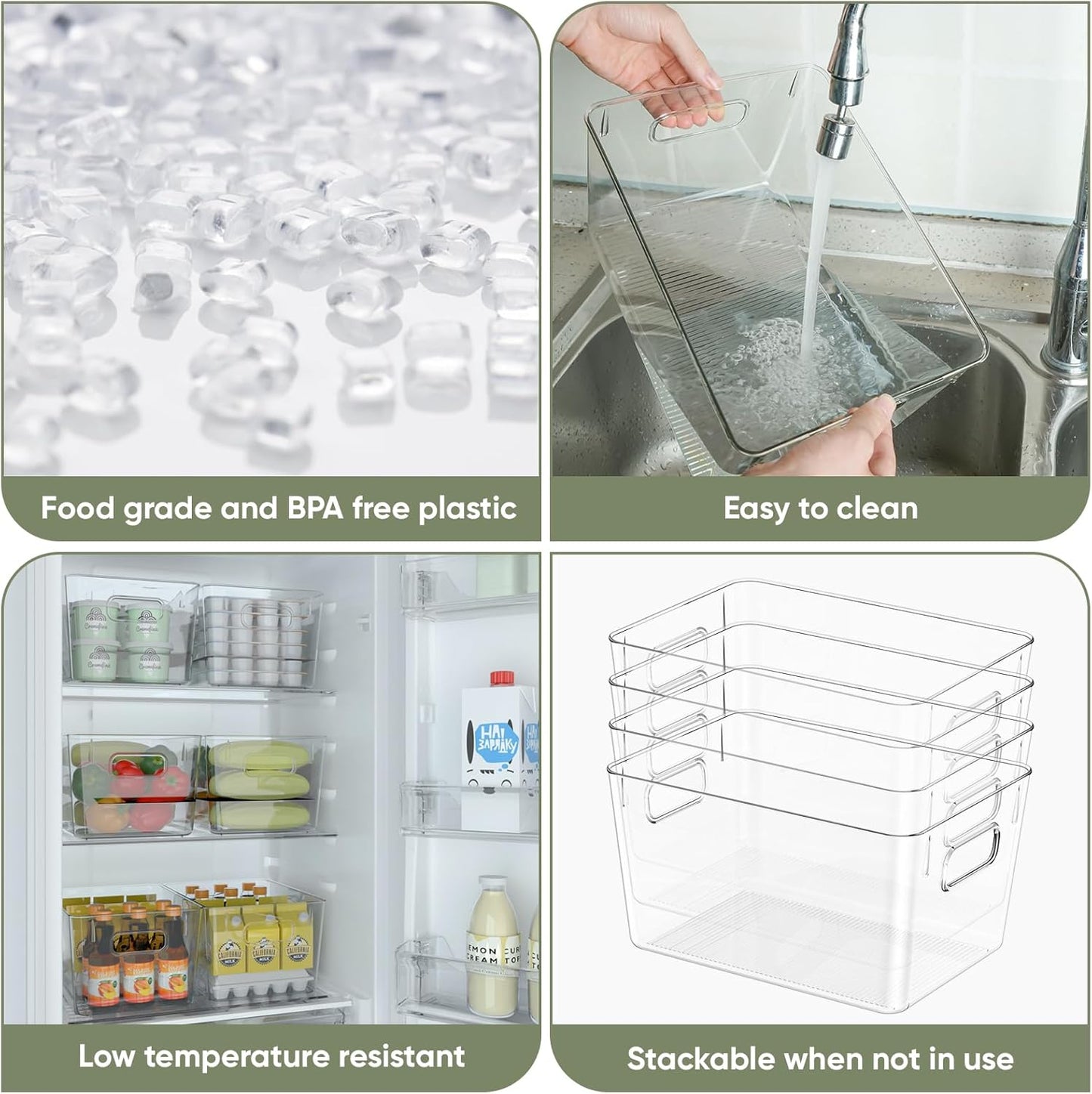 BALEINE Clear Plastic Storage Bins, Pantry Organization, BPA Free Stackable Refrigerator Organizers and Storage with Handles for Kitchen Fridge Cabinet Bathroom (4PK, 13x7.4x6.2)