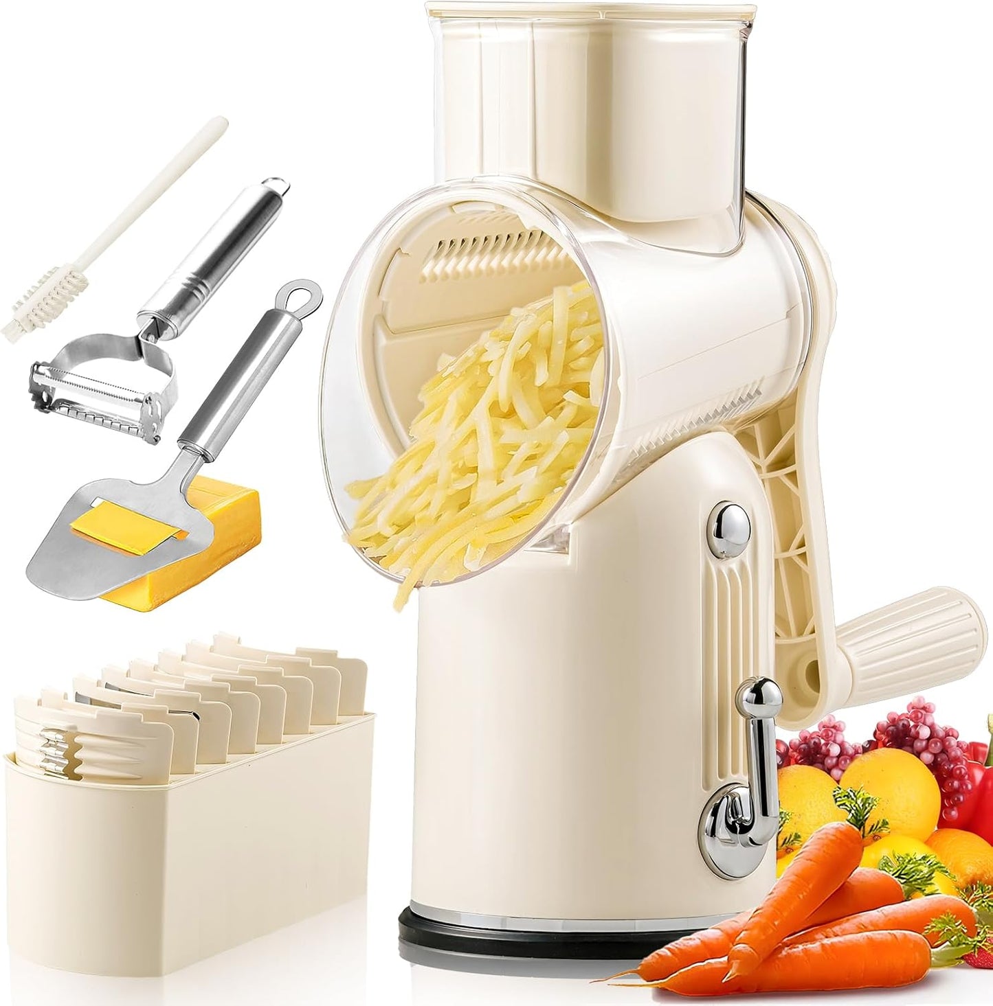 Rotary Cheese Grater Hand Crank,Emojoy 5-in1 Cheese Shredder Vegetable Chopper with Strong Suction Base, Rotary Cheese Graters for kitchen with Blade Storage Box, Included Cheese Slicer and Peeler
