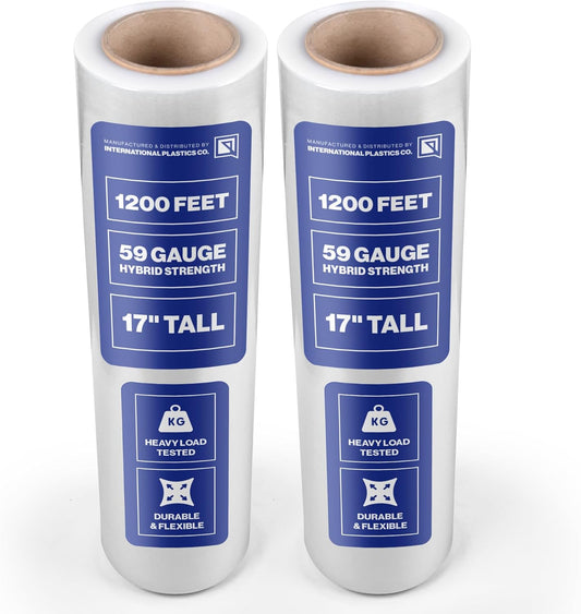 International Plastics Co. 17" Plastic Stretch Film Wrap 2 Pack 1200ft 500% Stretch Clear Cling Durable Adhering Packing Moving Packaging Heavy Duty Shrink