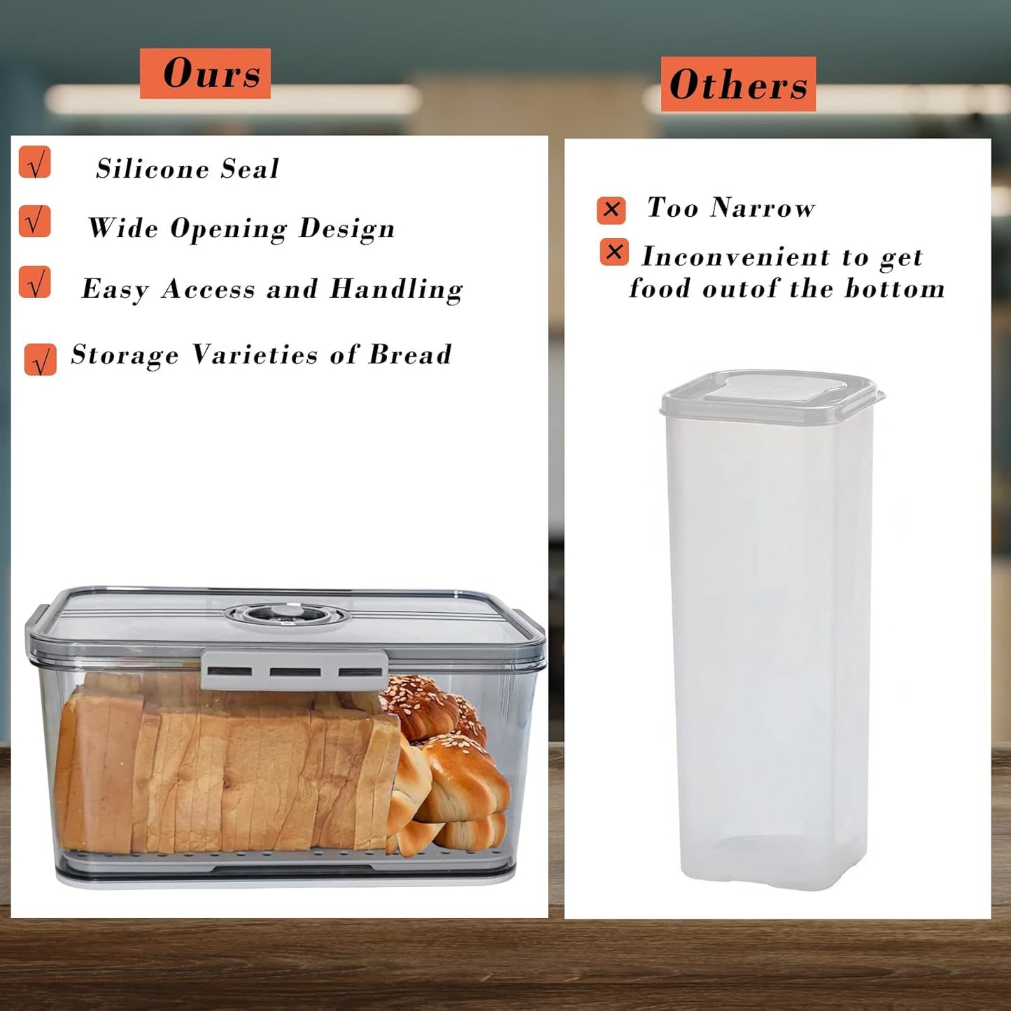 Bread Box Bread Boxs with Lid for Kitchen Counter, 10L Airtight Loaf Bread Storage Container，Time Recording Bread Keeper for Homemade Bread, Toast, Bagel, Donut and Cookies (Grey)